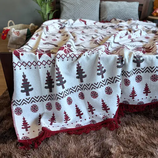 Плед покривало Bridge двосторонній полуторний Бордові Олені зимовий 200х150 Бавовна Червоний - фото 3