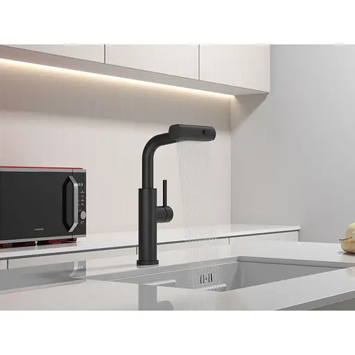 Смеситель на кухню водопад Nett с выдвижной воронкой черный LB-35 - фото 5