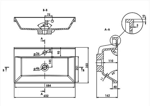 Раковина глянцева врізна Amidicon Rubicon 60 600x350 з литого каменю RUBICON_60_HL, Білий - фото 6