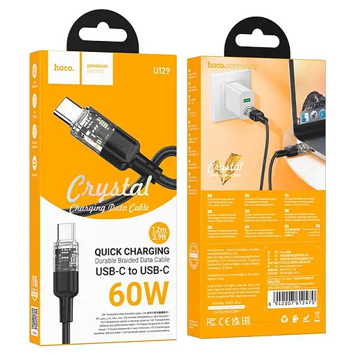 Кабель Hoco U129 Spirit 60W прозрачный зарядный кабель Type-C to Type-C Черный - фото 2