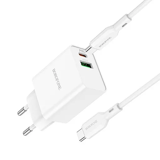 Адаптер сетевой Borofone Resource charger BA69A + кабель Type-C to Type-C 20W набор белый - фото 1
