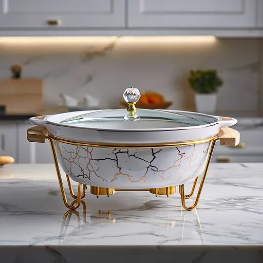 Мармит фарфоровый настольный круглый 2(л) мармитница с подогревом Белый мрамор Yiwu LC-712 - фото 2