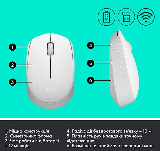 Мышь компьютерная Logitech M171 Wireless Mouse, White (910-006867) (6857590) - фото 4