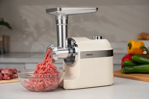 ARDESTO М'ясорубка, 1800Вт, 2кг/хв, 3 решітки, насадка для ковбас, кеббе, пластик, бежево-сріблястий - фото 4
