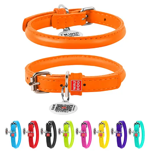 Ошейник для собак кожаный Waudog Glamour с QR-паспортом круглый Д 6 мм Д 17-20 см оранжевый - фото 2