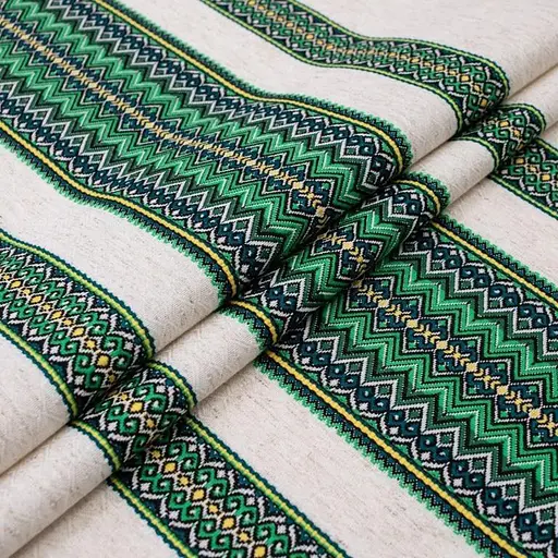 Лляная ткань с украинским орнаментом "Рандеву зеленый" (от 1 м) - фото 1