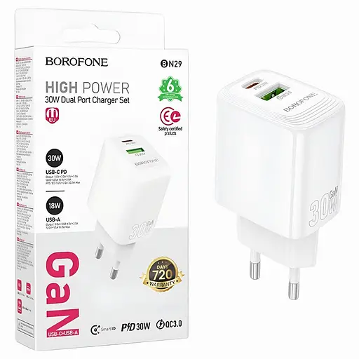 Зарядное устройство Borofone BN29 Type-C/USB PD30W+QC3.0 Power Delivery 3.0 белый