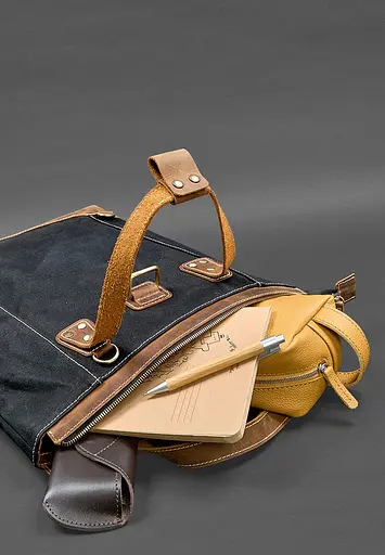 Сумка-рюкзак з канвасу та натуральної світло-коричневої шкіри - фото 9