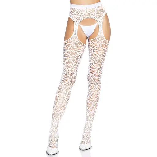 Ажурные колготки с сердечками Leg Avenue Heart White, One Size, имитация чулок
