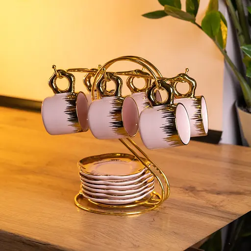 Набір для кави із порцеляни 12 предметів на 6 персон на металевій підставці рожевий Yiwu FM-48 - фото 2