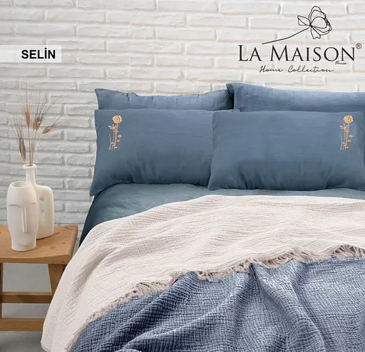 Літня постільна білизна з мусліновим покривалом-піке Selin Mavi Ekru La Maison pbe0051392 - фото 3