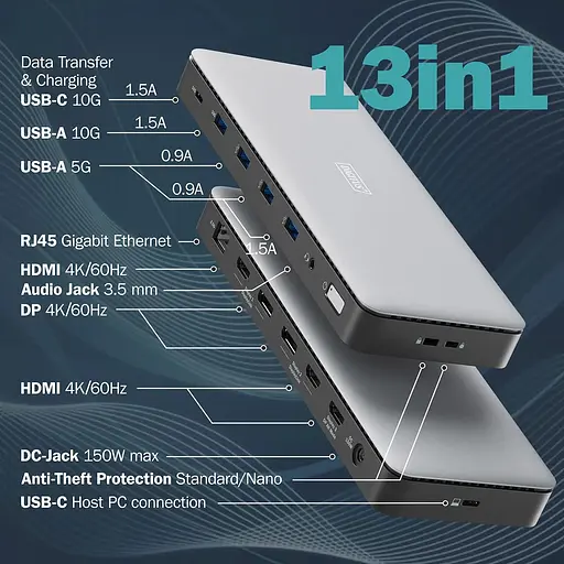 Digitus Док-станция USB-C > 3xHDMI/2xDP/4xUSB-A/USB-C/RJ45/DC/Audio - фото 6
