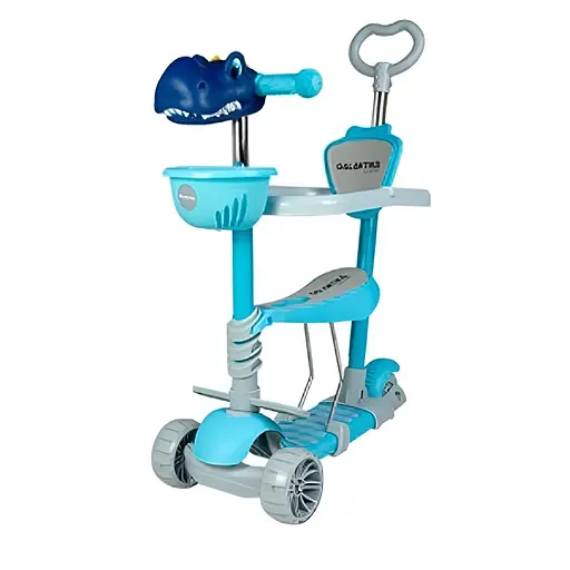 Дитячий триколісний самокат 5 в 1 з підсвічуванням, кошиком та батьківською ручкою Galaktika Dino Синій - фото 1