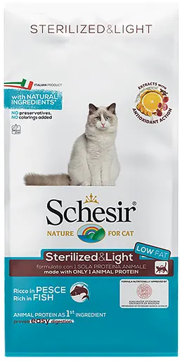 Сухой монопротеиновый корм для взрослых кошек Schesir Cat Sterilized &amp; Light с рыбой 10 кг (8005852119155) - фото 1