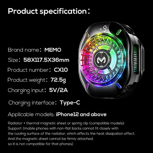 Магнітний кулер активне охолодження для телефону / планшета Memo CX10 RGB Pro Black (18552) - фото 2
