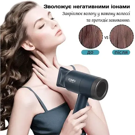 Профессиональный фен для волос Confu KF-3127 с ионизацией, диффузором, 1800 Вт, темно-синий - фото 2