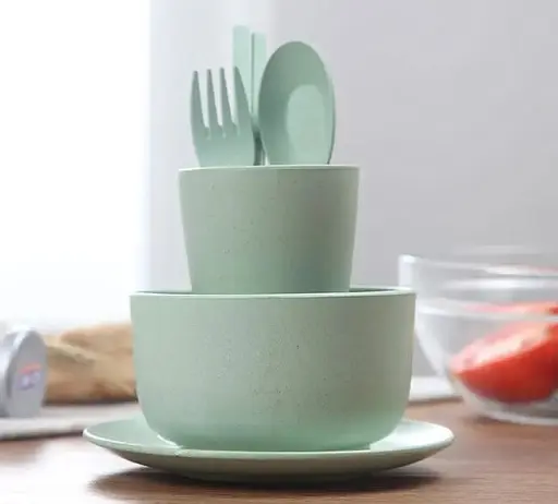 Набор детской посуды 6 посуд из биоразлагаемой пшеничной соломы, зеленый - фото 2