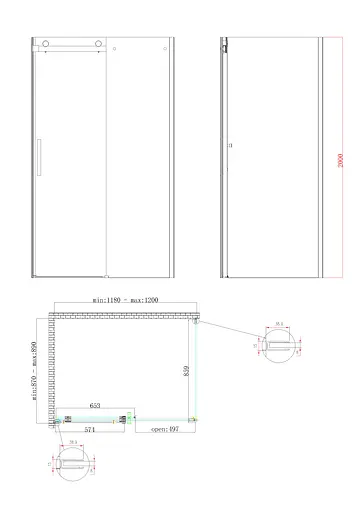 Бічна стінка для кабіни Koer SR SW01-90x200-TR-07 прозоре скло Easy Clean 8 мм, graphite KR5382, прозоре, графіт - фото 8
