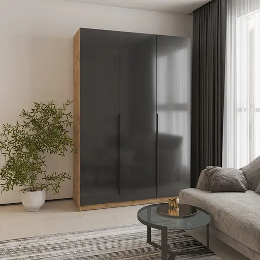 Шафа 3-дверна MebelStar Оскар Gloss BL-B, блок шухляд+полиці 150x52x220 см Дуб тахо/Чорний (MBS-5255) - фото 1