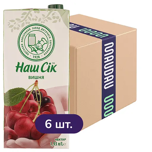 Упаковка нектару Наш Сік Вишня 11.58 л (1.93 л х 6 шт.)