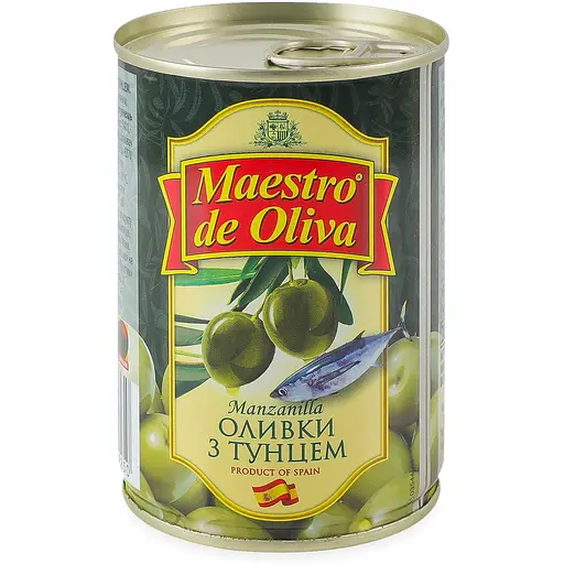 Оливки Maestro de Oliva без косточки тунец 280 г жестяная банка ключ