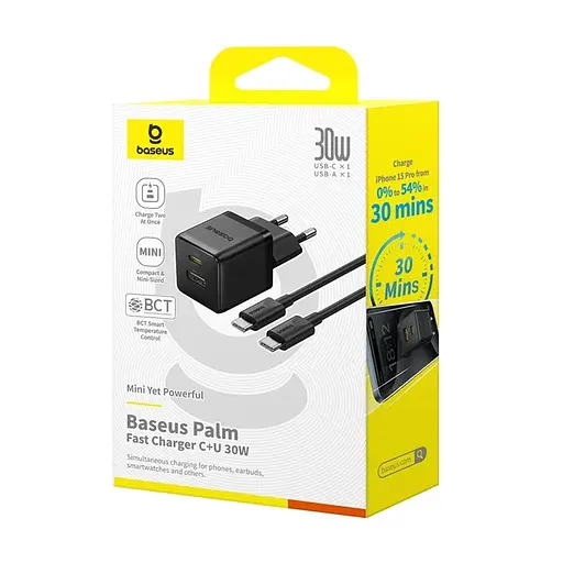 СЗУ Baseus Palm Fast Charger 30W (1USB-A/1C) + кабель Type-C to Type-C (P1011160A) - фото 6