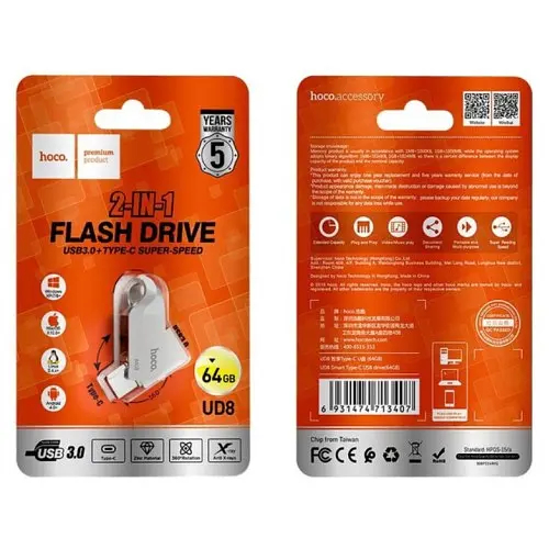 Флеш-накопитель USB-A/C Hoco UD8 Smart Type-C USB drive 64Gb серебристый - фото 5
