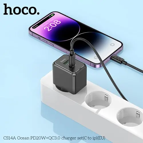 Мережевий зарядний пристрій Hoco CS14A Ocean PD20W+QC3.0 charger set(C to iP) чорний - фото 2