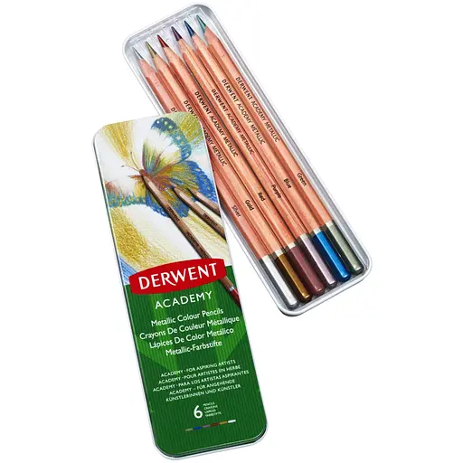 Набір кольорових олівців ACADEMY METALLIC 6 шт у металевому пеналі Derwent - фото 2