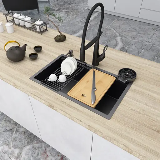 Кухонна мийка чорна врізна з PVD покриттям багатофункціональна Nett NB-7042, Чорний - фото 4