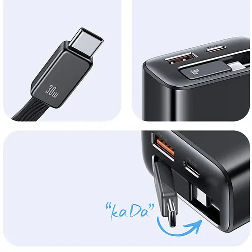 МЗП Usams US-CC296 GaN With Retractable Type-C Cable Xiang Ser. 30W (1USB-A/1C) Black - фото 2