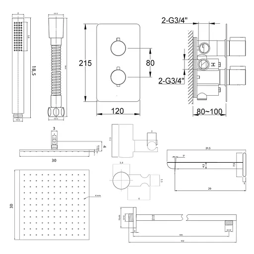 Душова система Kohlman Experience 30 black з термостатом + BOX прихованого монтажу KPL-QW433EBQ30, Чорний матовий - фото 2