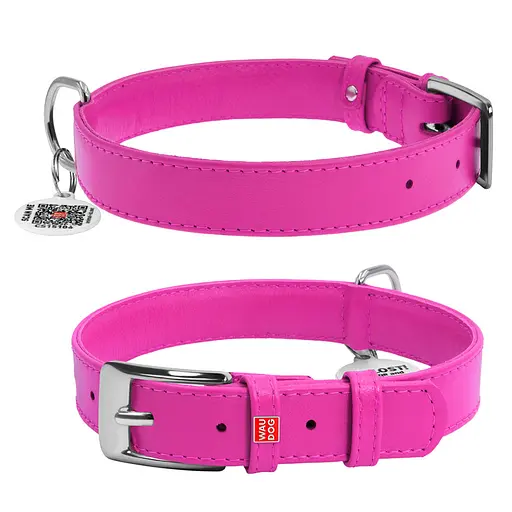 Ошейник для собак кожаный Waudog Glamour с QR-паспортом без украшений L Ш 25 мм Д 38-49 см розовый