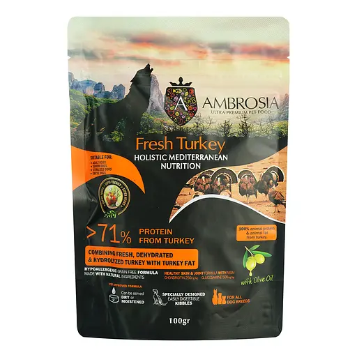 Сухий корм Ambrosia Mediterranean для літніх, кастрованих собак усіх порід з контролем ваги з індичкою 100 г