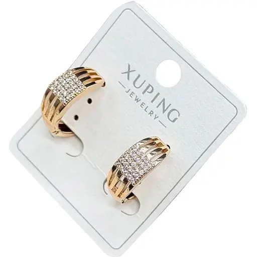 Сережки напівкільця Xuping з декоративними вертикальними прорізами та кристалами гіпоалергенне медичне золото - фото 1