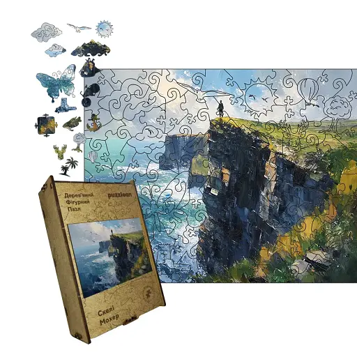 Деревянный фигурный пазл Скалы Мохер, А5, Картонная коробка 35 элементов