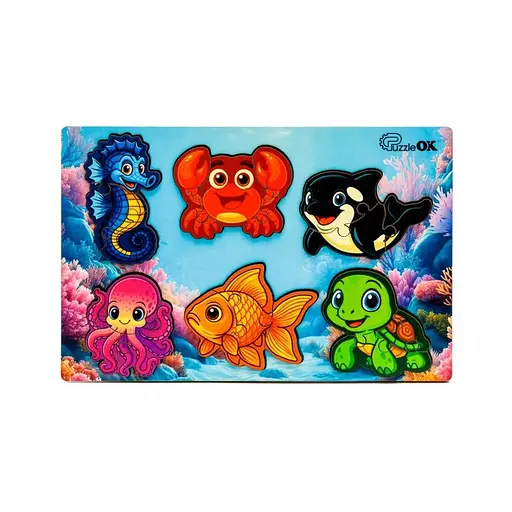 Деревянный пазл-вкладыш "Умный мир: Морские друзья" PuzzleOK Puz-88748 А5, 18 элементов - фото 1