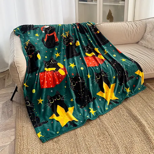 Плед Love You Зірки і котики 150x200 см велсофт зелений з принтом (9119) - фото 1