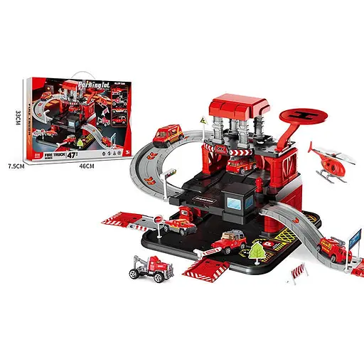 Трек-паркинг с транспортом, 3 металлопластиковые машинки, вертолет, 3 уровня, муляжи окружения, наклейки 666-10