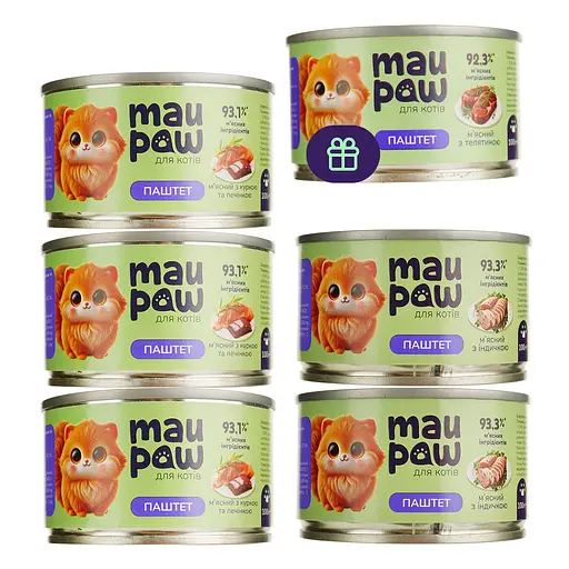 Набор влажного корма для взрослых кошек MAU PAW 600 г (5 шт. + 1 шт. подарок х 100 г) - фото 2
