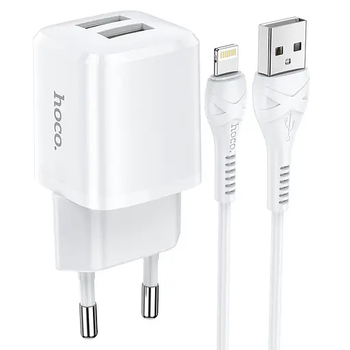 Адаптер сетевой HOCO Lightning Cable Briar dual port charger set N8 2 порта USB 2.4A белый - фото 1