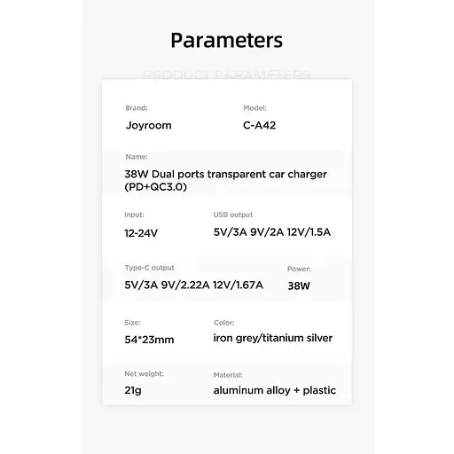 Адаптер автомобильный JOYROOM Dual ports transparent car charger C-A42 1USB/1Type-C, 38W/3A, PD/QC - фото 5