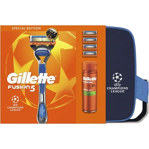 Подарунковий набір Gillette Fusion 5 UEFA Champions League Special Edition: станок для гоління з 4 змінними картриджами + Гель для гоління для чутливої шкіри 200 мл + косметичка - фото 2