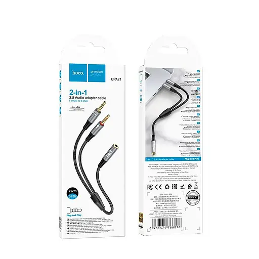 Кабель Hoco 2 в 1 3.5 headset audio adapter Cable UPA21 female to 2 мale 0.25 м - фото 2