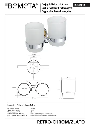 Склянка з тримачем Bemeta Retro подвійна золото/хром скло 144210028 білий - фото 2