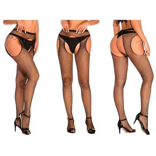 Колготки з вирізами та стразами еротичні блискучі Very Sexy One size чорний - фото 6
