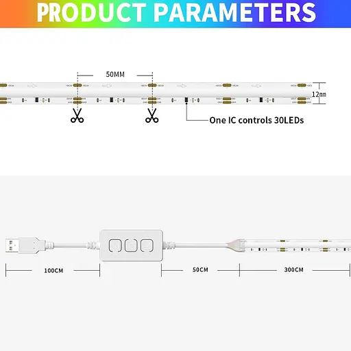 Світлодіодна стрічка AUTIX USB RGB Smart IC COB, 3 м, 5 В, 1800 світлодіодів, кольорова піксельна адресована світлодіодна стрічка - фото 2