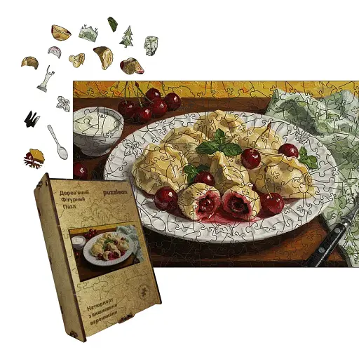 Деревянный фигурный пазл Румяные Вареники с вишней, А5, Картонная коробка 35 элементов