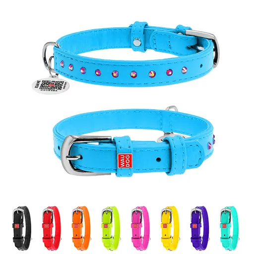 Ошейник для собак кожаный Waudog Glamour с QR-паспортом с клеевыми стразами Ш 12 мм Д 21-29 см голубой - фото 2