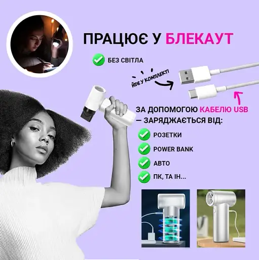 Смарт-фен Gemac на аккумуляторе от USB, 4500 мАч, 55 Вт, Белый/Беспроводной турбовентилятор/Фен аккумуляторный - фото 5